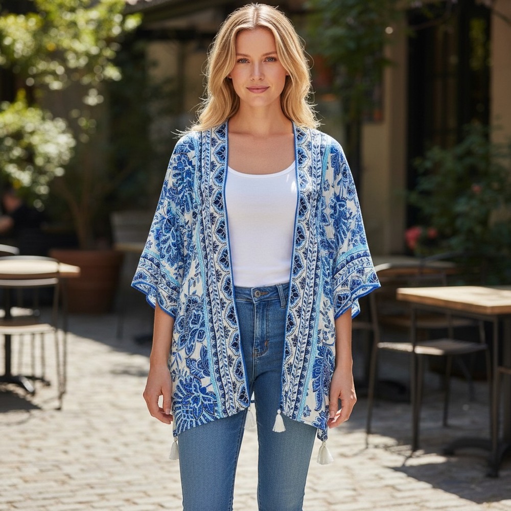 La Blanca Blue White Floral Paisley Tassel Kimono swim Cover Up One Size